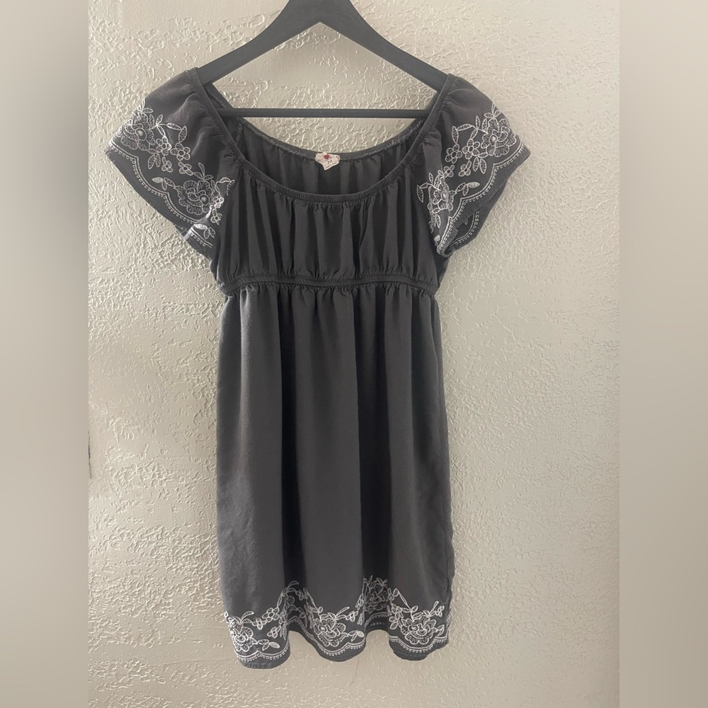 One Clothing Women's Festive Dark Gray Dress with White Embroidery Size Medium